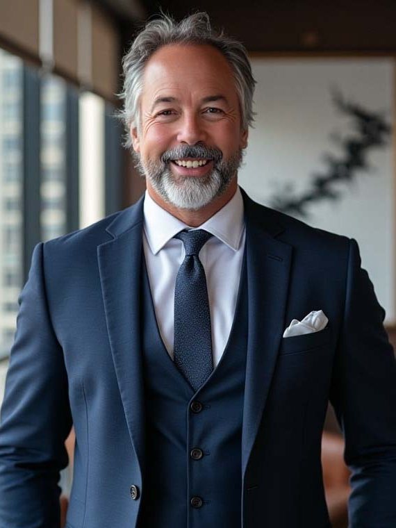 Edward Juden, smiling, in a navy three-piece suit.